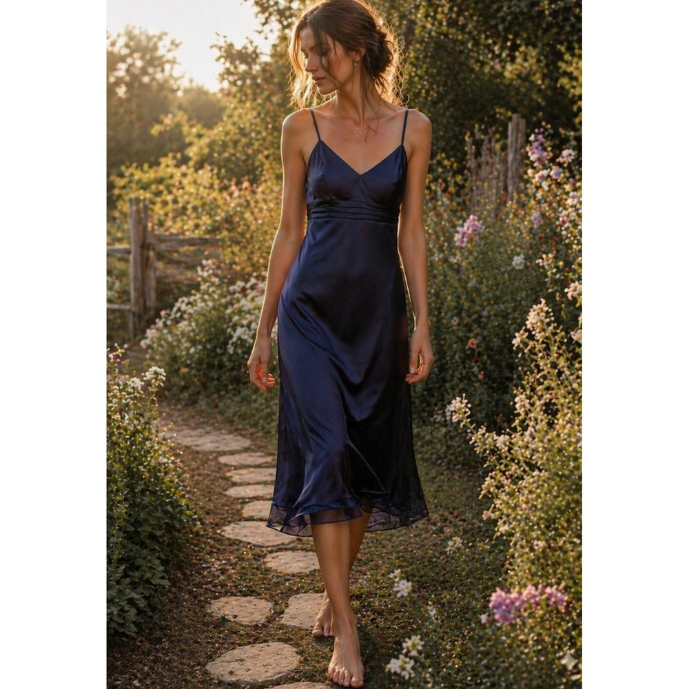 NEW VINTAGE Y2K Bari Jay Satin Midi Dress Women 8 V-Neck Formal SLIP BLUE TIE